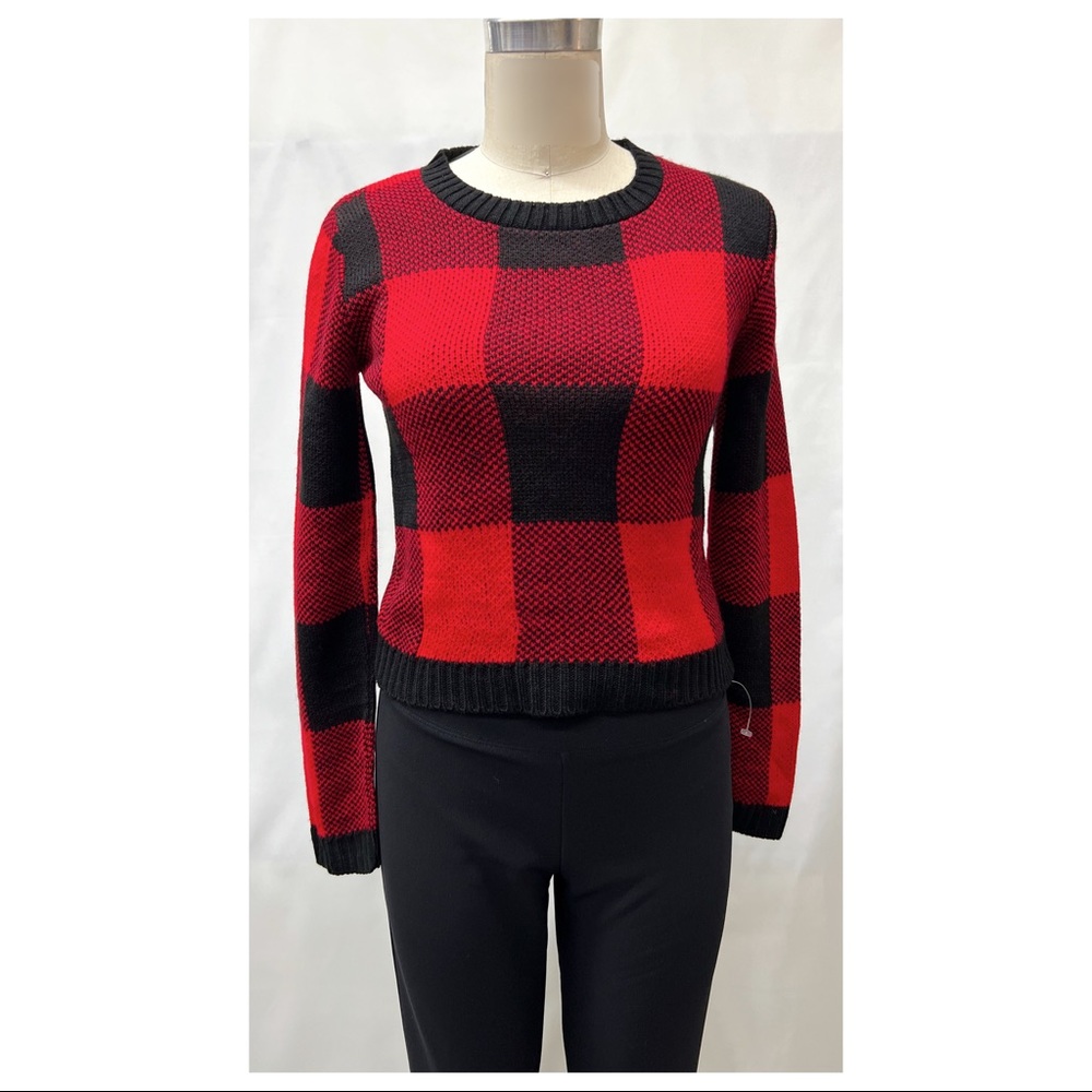 OhMG! Red Black Buffalo Check Plaid Knit Pullover Long Sleeve Sweater